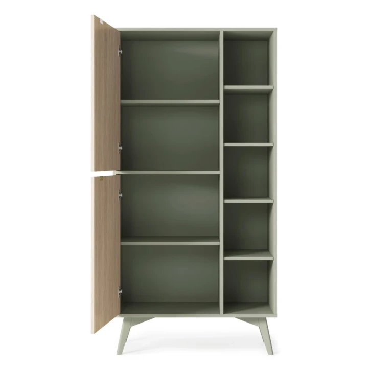 Regał Timber z drzwiczkami w kolorze eukaliptus otwarta