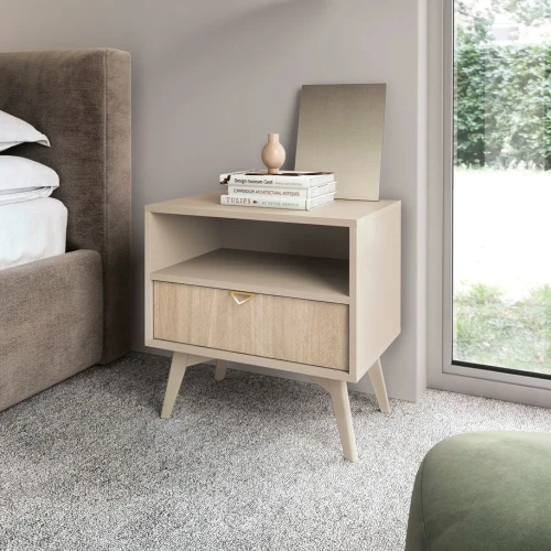 Stolik nocny Timber z szufladą w kolorze beż piaskowy