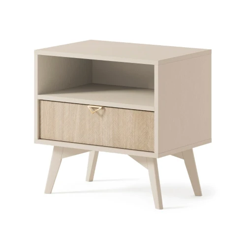 Stolik nocny Timber z szufladą w kolorze beż piaskowy na białym tle