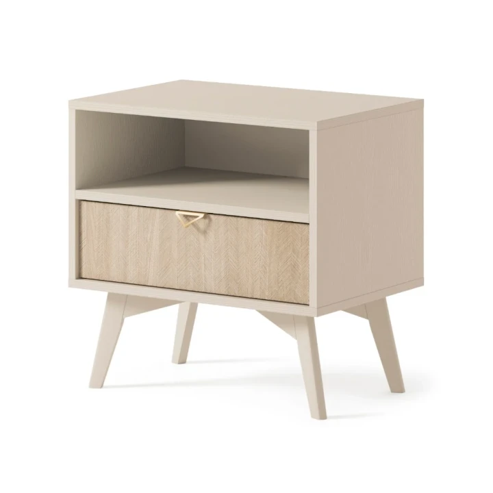 Stolik nocny Timber z szufladą w kolorze beż piaskowy na białym tle
