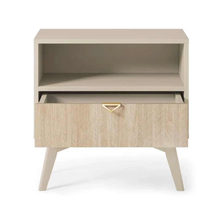 Stolik nocny Timber z szufladą w kolorze beż piaskowy otwarty