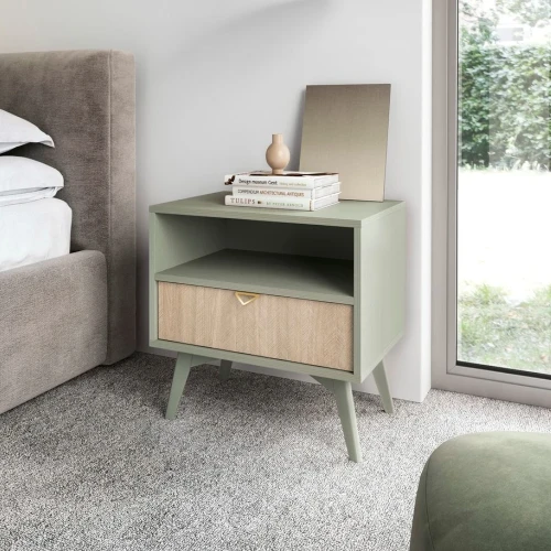 Stolik nocny Timber z szufladą w kolorze eukaliptus