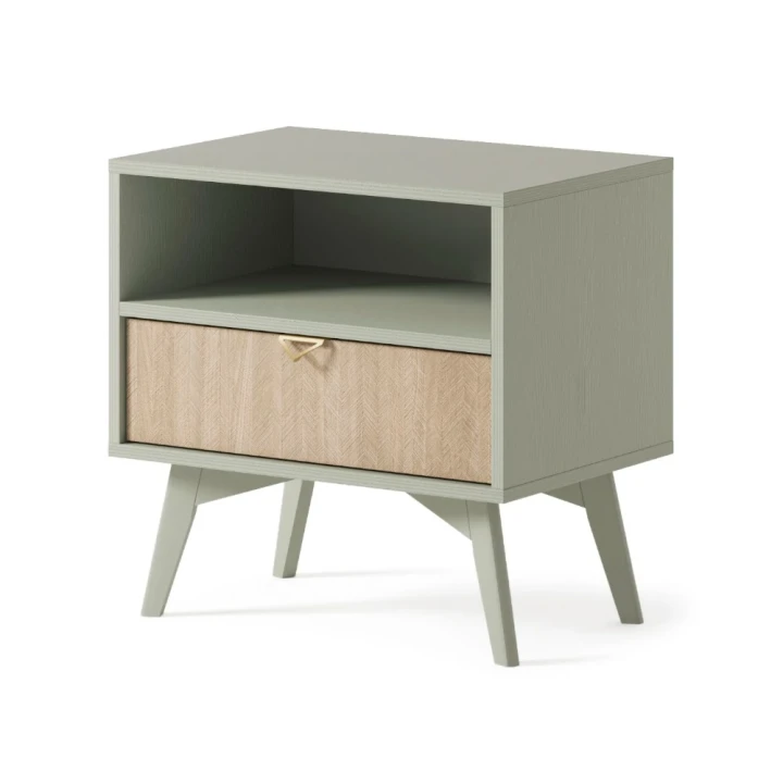 Stolik nocny Timber z szufladą w kolorze eukaliptus na białym tle