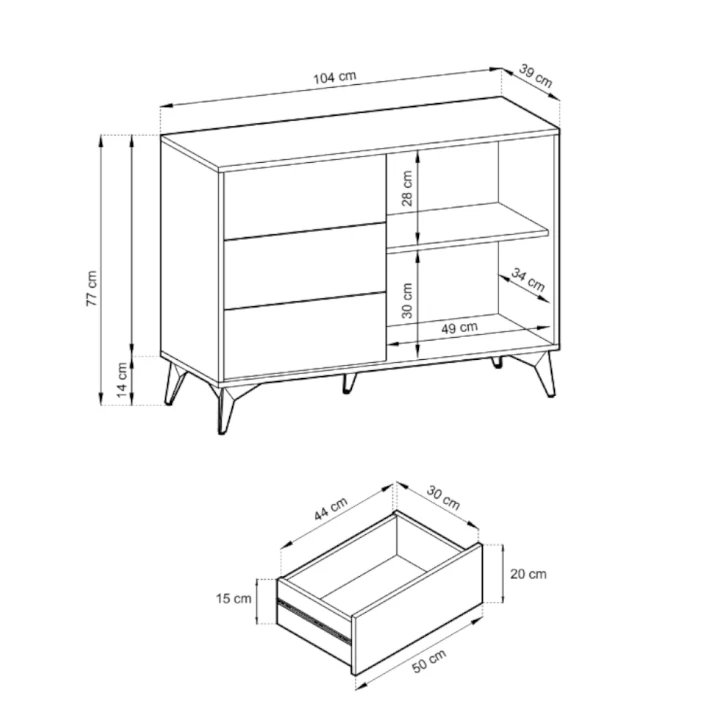 Komoda 104 cm Valmo z drzwiczkami i szufladami wymiary