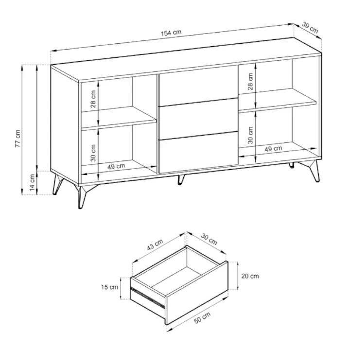 Komoda 154 cm Valmo z drzwiczkami i szufladami wymiary