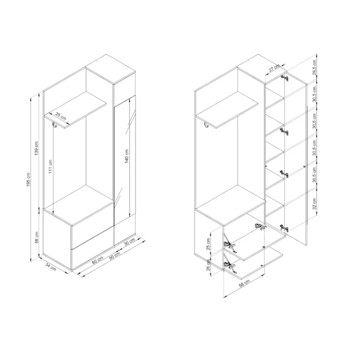 Garderoba Greon z szafkami na buty wymiary