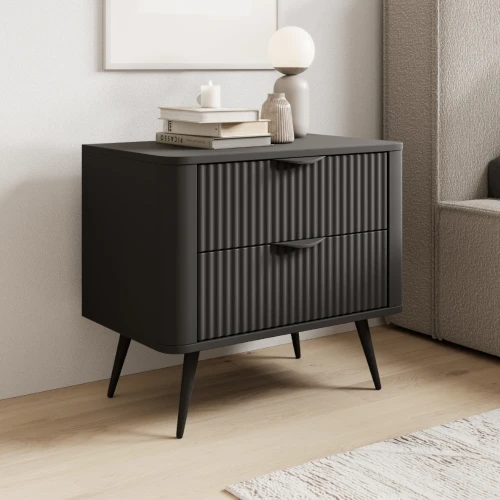 Stolik nocny do sypialni Amelia z ryflowanymi szufladami czarny