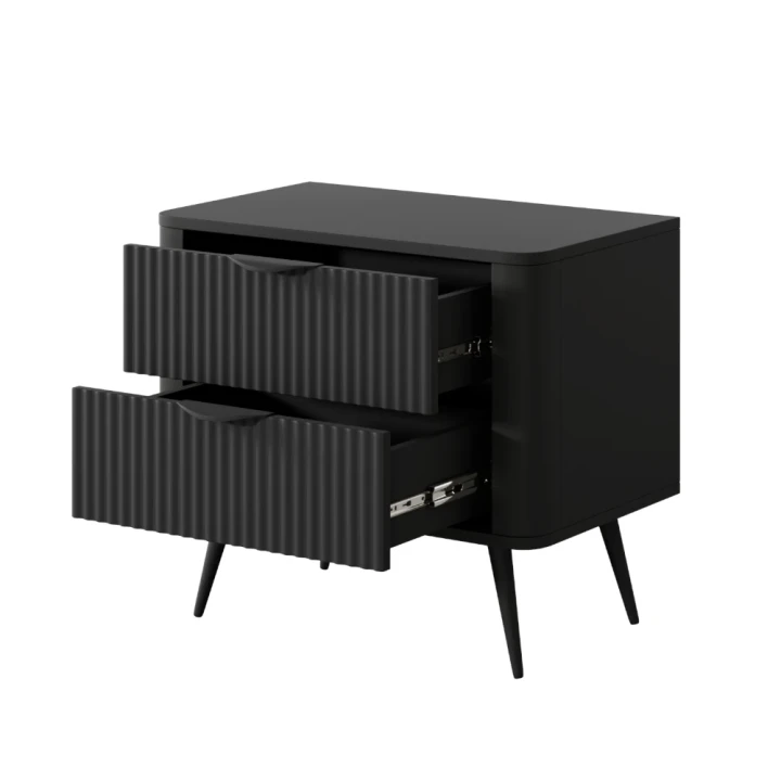 Stolik nocny do sypialni Amelia z ryflowanymi szufladami czarny