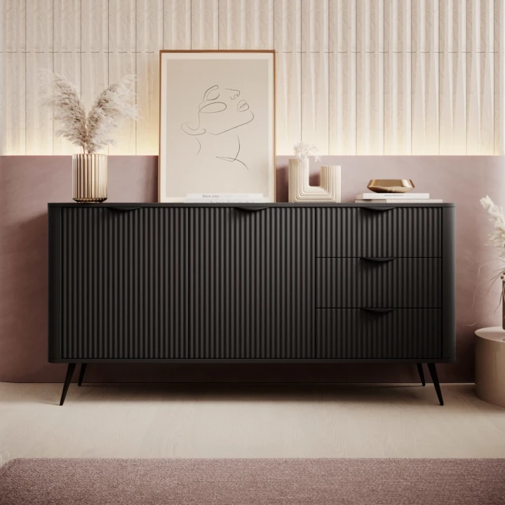 Komoda z drzwiczkami i szufladami ryflowana Amelia czarna