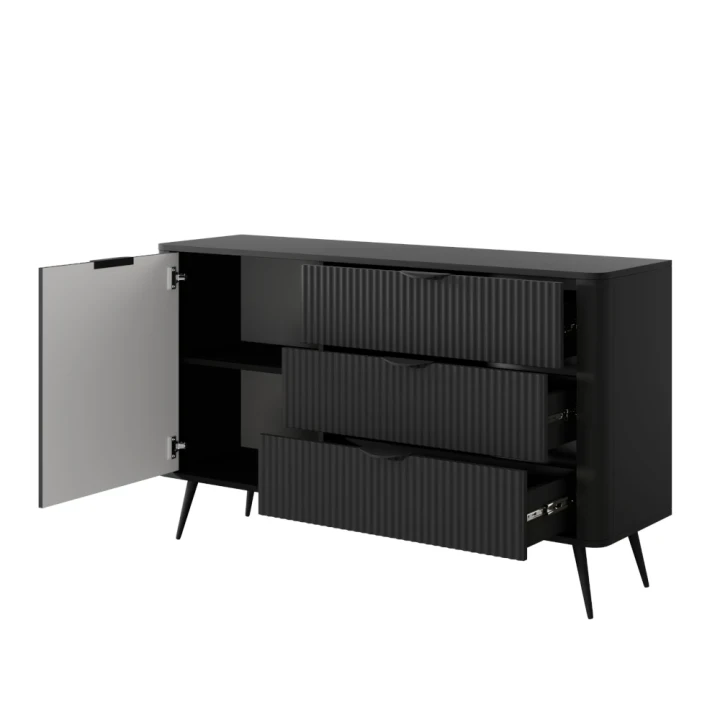 Komoda z drzwiczkami i szufladami 138 cm ryflowana Amelia czarna