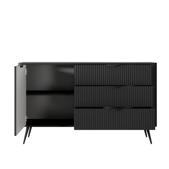 Komoda z drzwiczkami i szufladami 138 cm ryflowana Amelia czarna