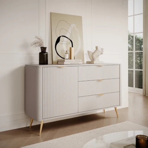 Komoda z drzwiczkami i szufladami 138 cm ryflowana Amelia beżowa