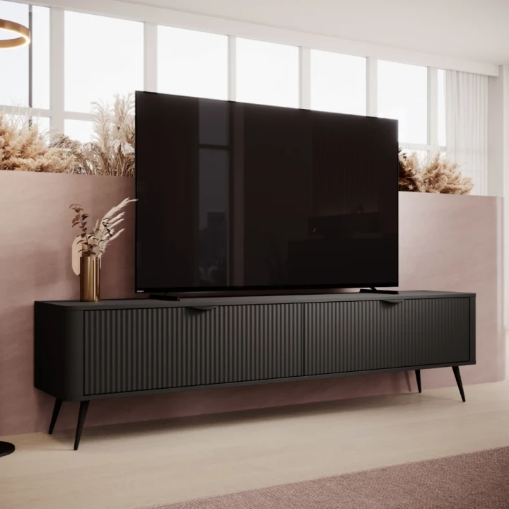 Szafka RTV 200 cm Amelia ryflowana czarna