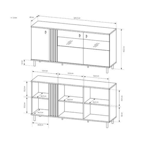 Komoda trzydrzwiowa przeszklona do salonu Axel wymiary