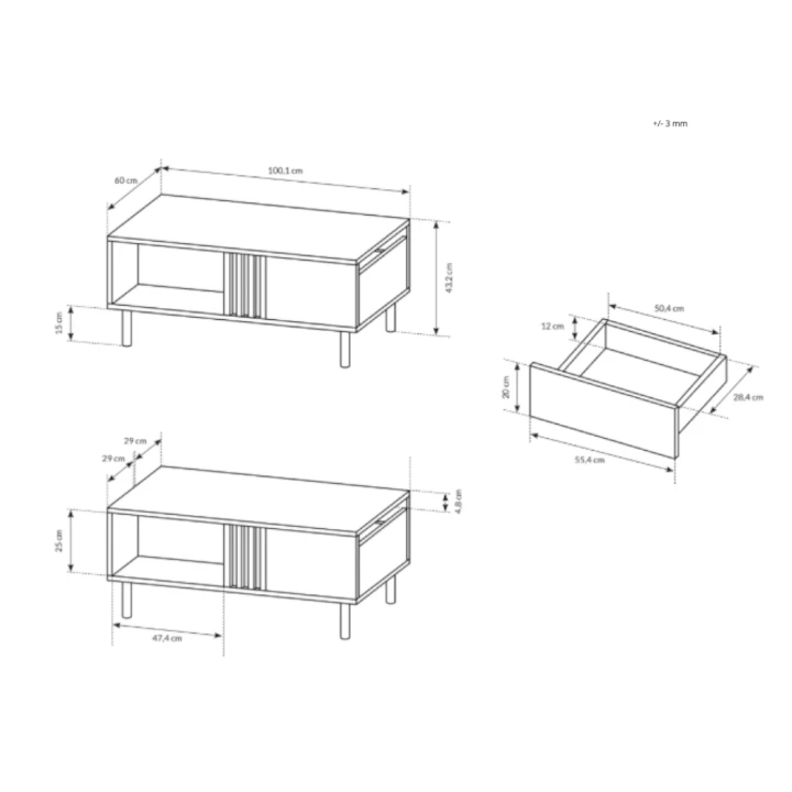 Stolik kawowy z szufladą Axel wymiary