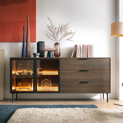 Komoda z witryną i szufladami z oświetleniem LED Nokta Dąb Dunin