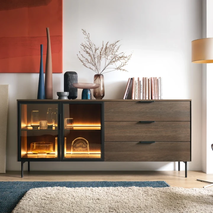 Komoda z witryną i szufladami z oświetleniem LED Nokta Dąb Dunin