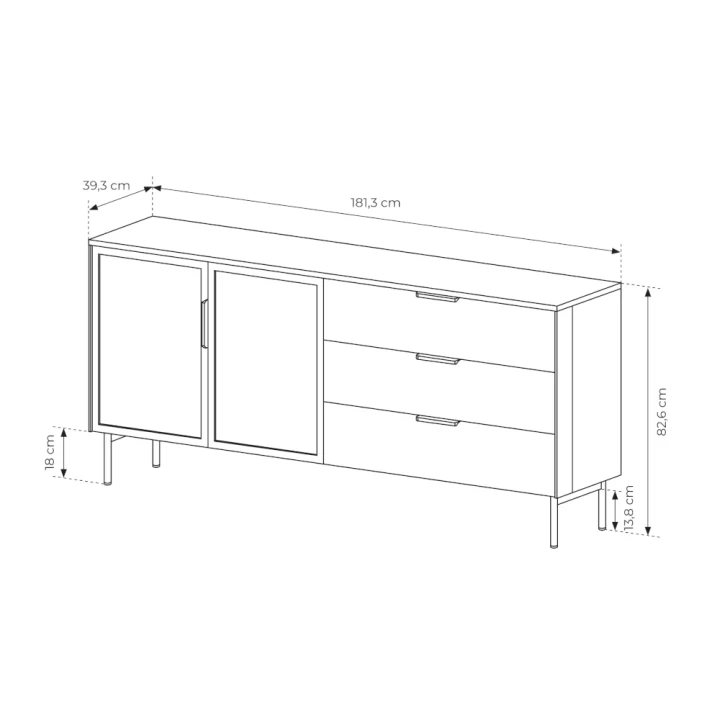 Komoda z witryną i szufladami z oświetleniem LED Nokta wymiary