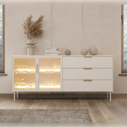 Komoda z witryną i szufladami z oświetleniem LED Nokta Kaszmir