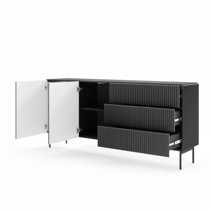 Komoda z drzwiczkami i szufladami ryflowana 177 cm Rillo czarna