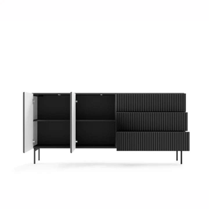 Komoda z drzwiczkami i szufladami ryflowana 177 cm Rillo czarna