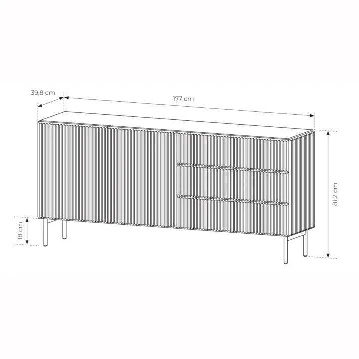Komoda z drzwiczkami i szufladami ryflowana 177 cm Rillo wymiary
