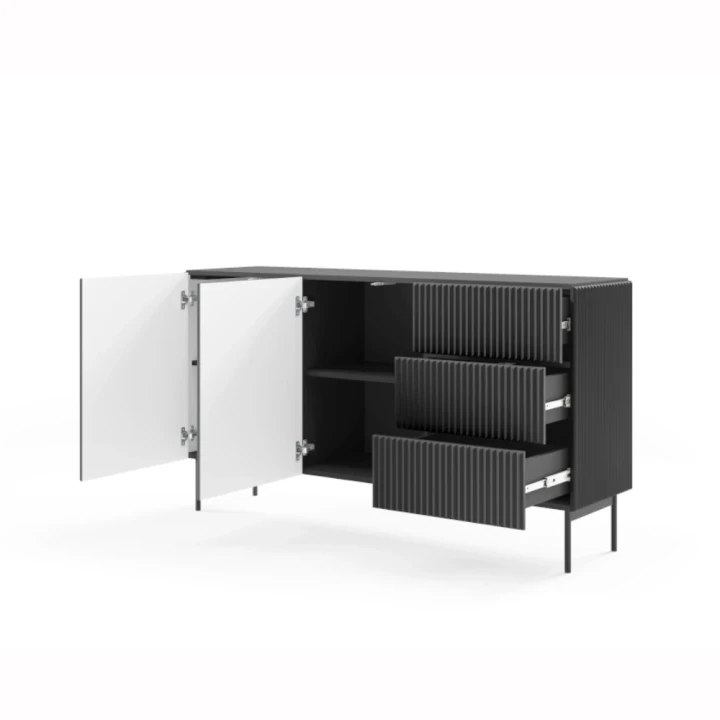 Komoda z drzwiczkami i szufladami ryflowana 147 cm Rillo czarna