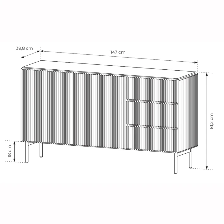 Komoda z drzwiczkami i szufladami ryflowana 147 cm Rillo wymiary