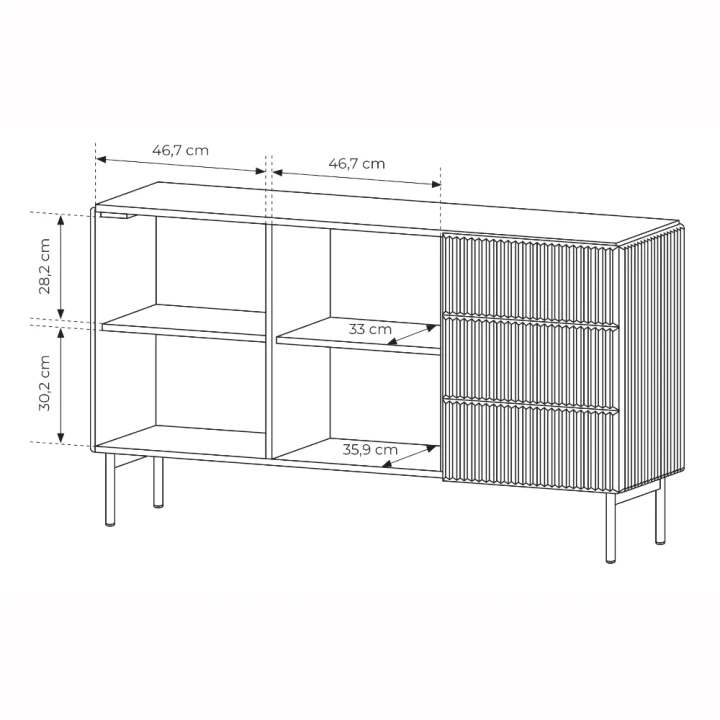 Komoda z drzwiczkami i szufladami ryflowana 147 cm Rillo wymiary