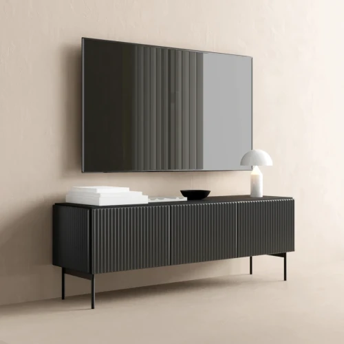 Szafka RTV 147 cm trzydrzwiowa ryflowana Rillo czarna