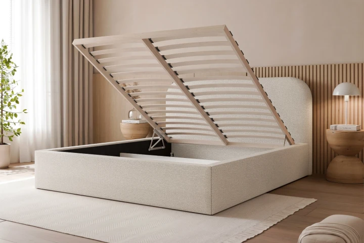 Łóżko tapicerowane z pojemnikiem na pościel Lunaro z drewnianym stelażem