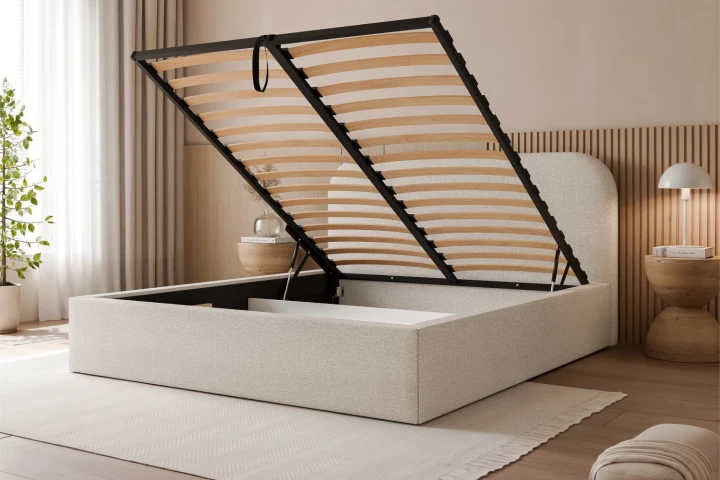 Łóżko tapicerowane z pojemnikiem na pościel Lunaro z metalowym stelażem