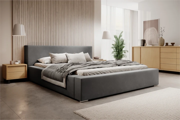 Łóżko tapicerowane z pojemnikiem na pościel i stelażem Calvero Szary