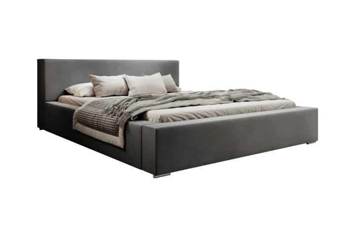 Łóżko tapicerowane z pojemnikiem na pościel i stelażem Calvero Szary