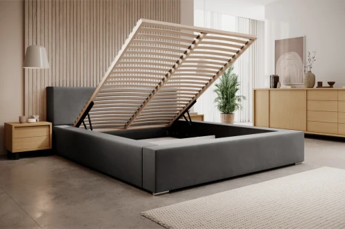 Łóżko tapicerowane z pojemnikiem na pościel i stelażem Calvero Szary