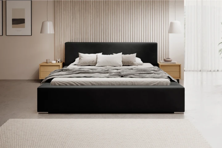 Łóżko tapicerowane z pojemnikiem na pościel i stelażem Calvero Czarny