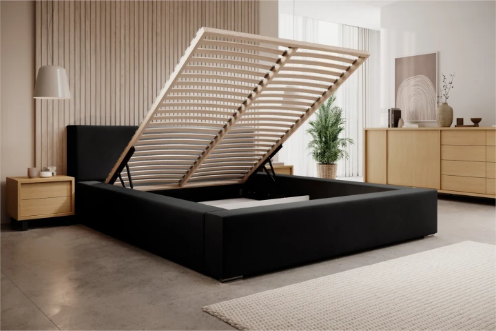 Łóżko tapicerowane z pojemnikiem na pościel i stelażem Calvero Czarny