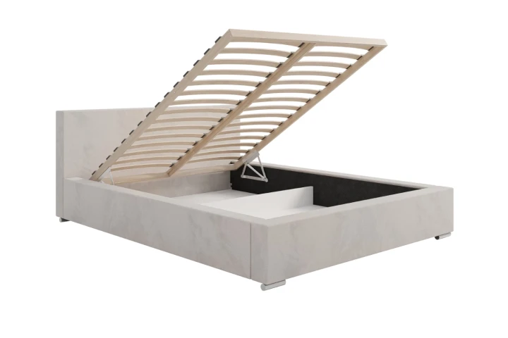 Łóżko tapicerowane z pojemnikiem na pościel i stelażem Calvero z drewnianym stelażem