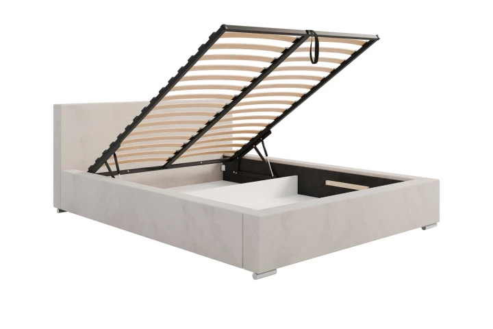 Łóżko tapicerowane z pojemnikiem na pościel i stelażem Calvero z metalowym stelażem