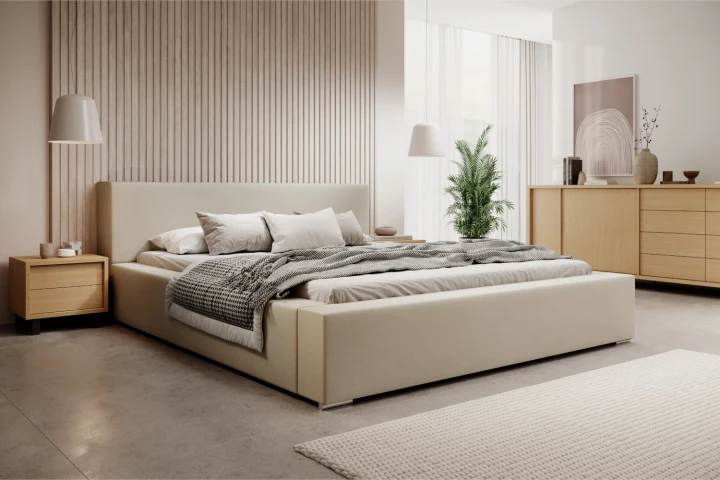 Łóżko tapicerowane z pojemnikiem na pościel i stelażem Calvero Beżowy