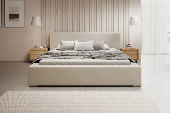 Łóżko tapicerowane z pojemnikiem na pościel i stelażem Calvero Beżowy