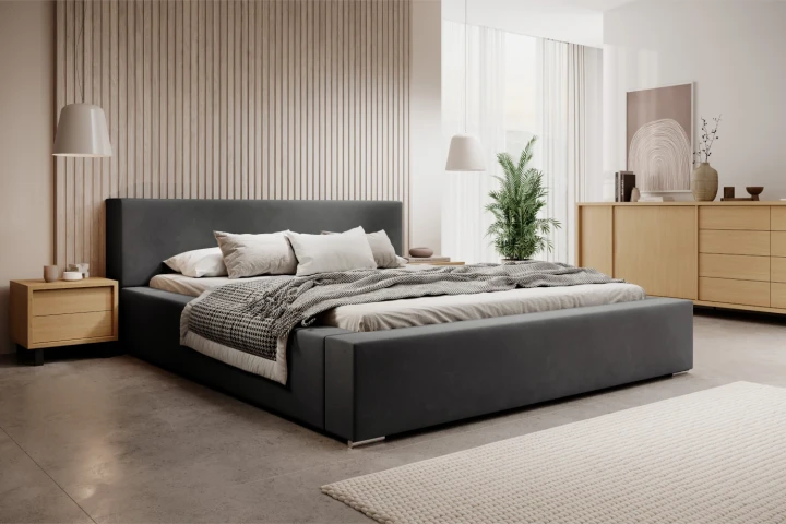 Łóżko tapicerowane z pojemnikiem na pościel i stelażem Calvero Grafit