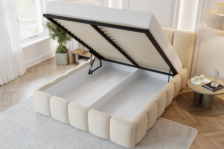 Łóżko tapicerowane z pojemnikiem i metalowym stelażem Nubela