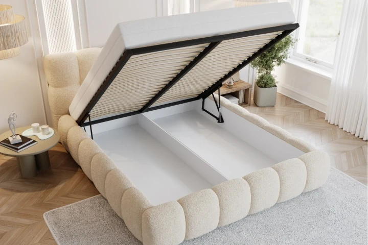 Łóżko tapicerowane z pojemnikiem i metalowym stelażem Puffo