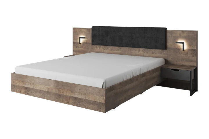 Łóżko drewniane 160x200 cm + stoliki nocne z oświetleniem Spark Dąb Sand Grange