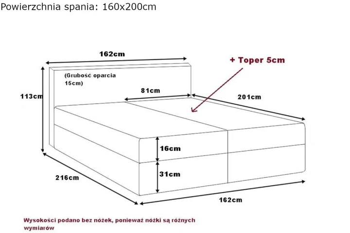 Łóżko kontynentalne z pojemnikiem na pościel Rivano wymiary 160