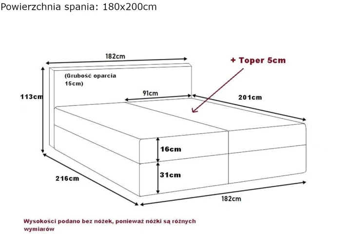 Łóżko kontynentalne z pojemnikiem na pościel Rivano wymiary 180