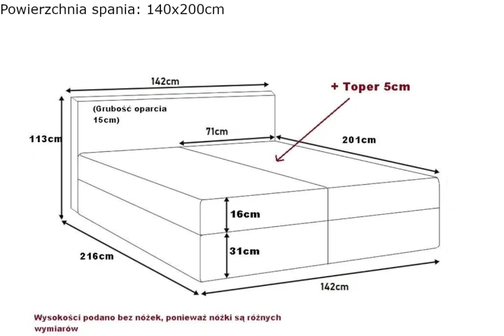 Łóżko kontynentalne z pojemnikiem na pościel Rivano wymiary 140