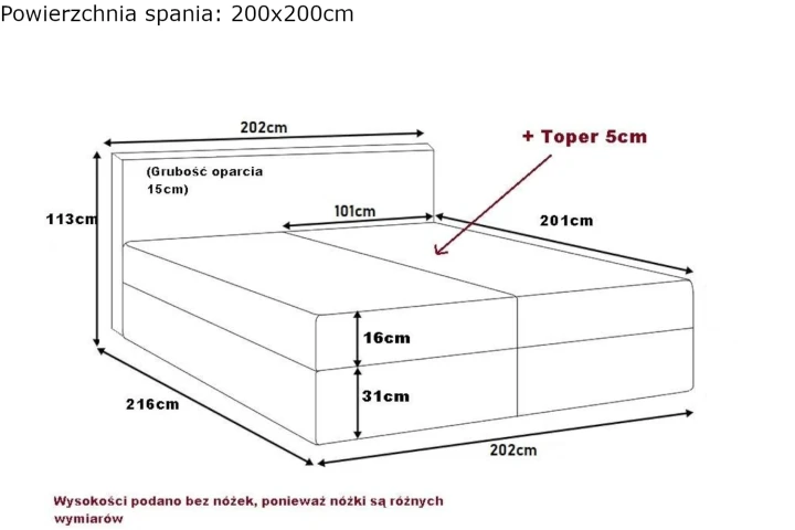Łóżko kontynentalne z pojemnikiem na pościel Rivano wymiary 200
