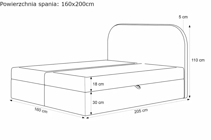 Łóżko kontynentalne z pojemnikiem na pościel Lunaro wymiary 160